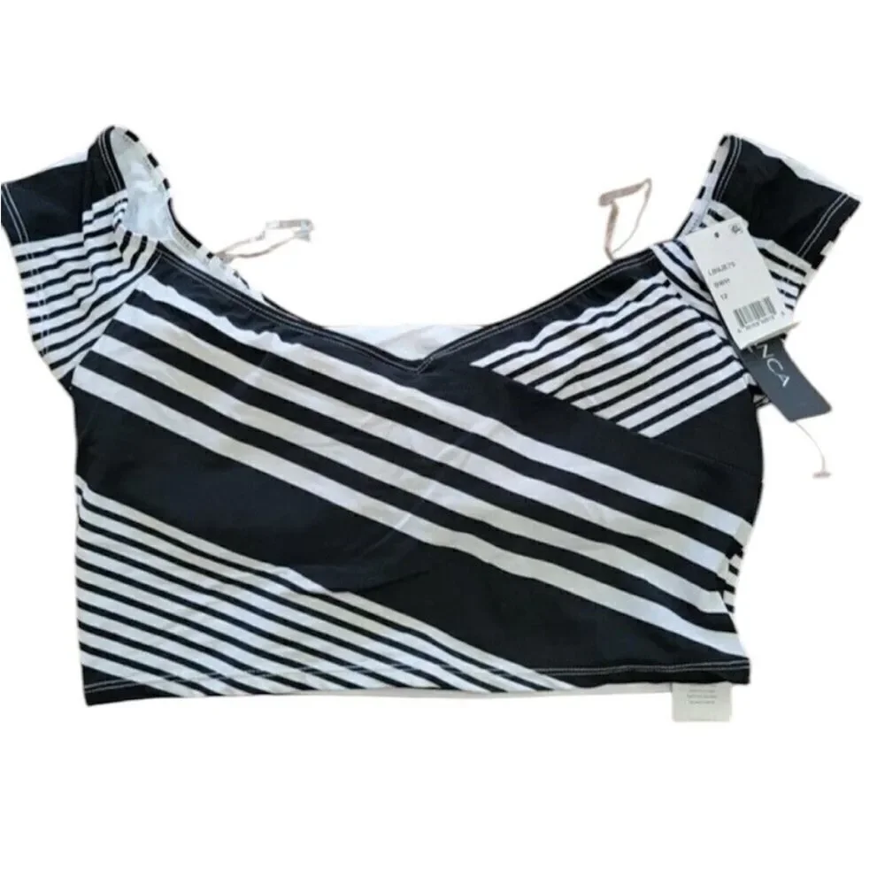 La Blanca NWT Off Shoulder Cap Sleeve Hipster Bikini Swimsuit Black/White 12